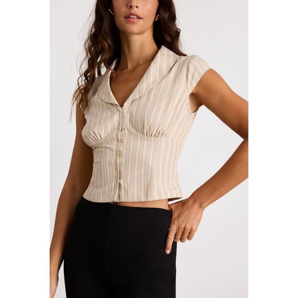 Lulus Alexis Beige Striped Collared Button-up Top - Size M